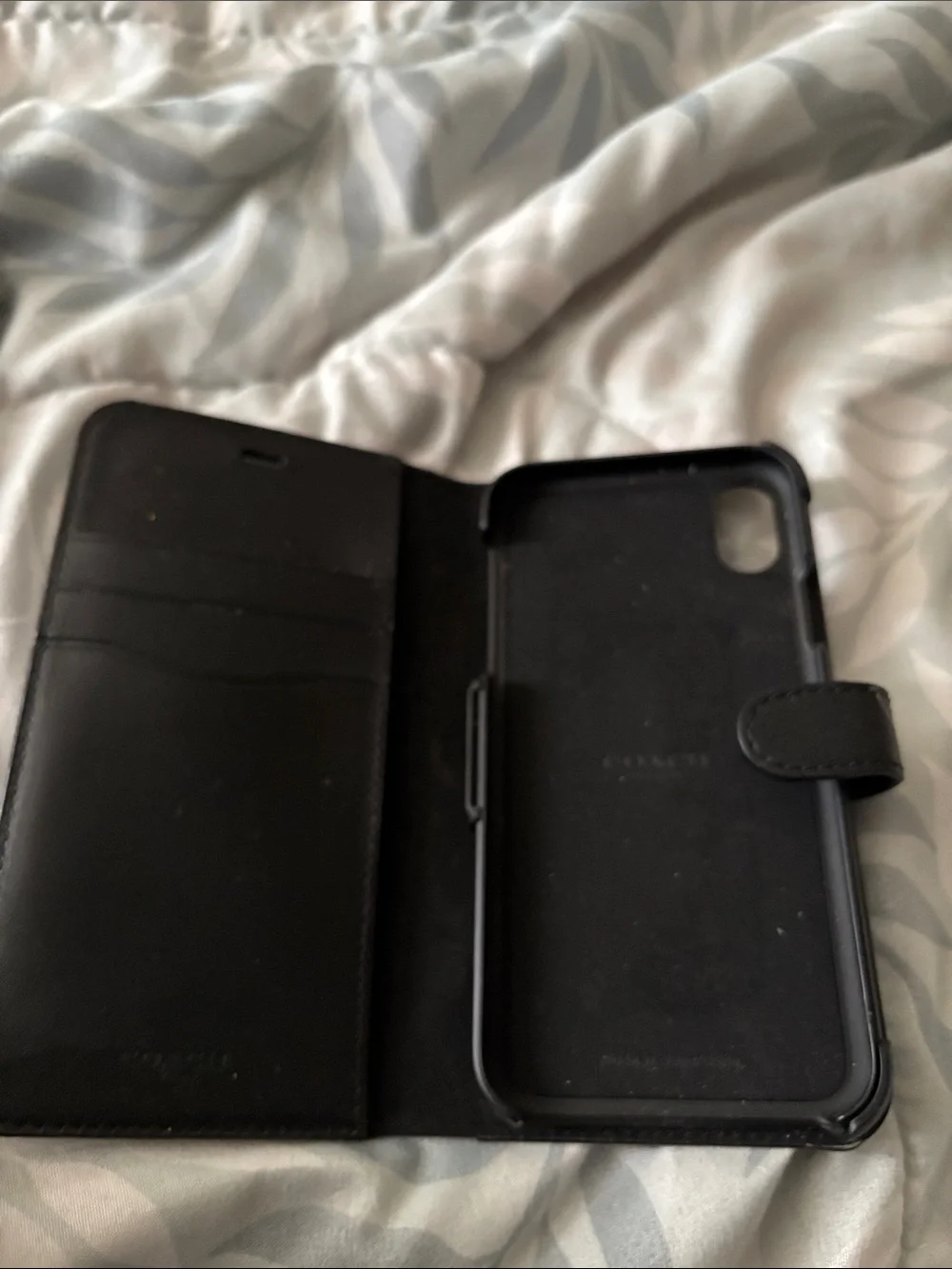 Coach Black Signature Textured Flip Wallet Case with Magnetic Tab iPhone X